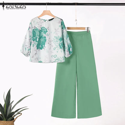 ZANZEA - Conjunto de 2 piezas de chándal para mujer, pantalones de primavera, blusa de manga 3/4, pantalones de pierna ancha, traje informal, conjunto estampado a juego
