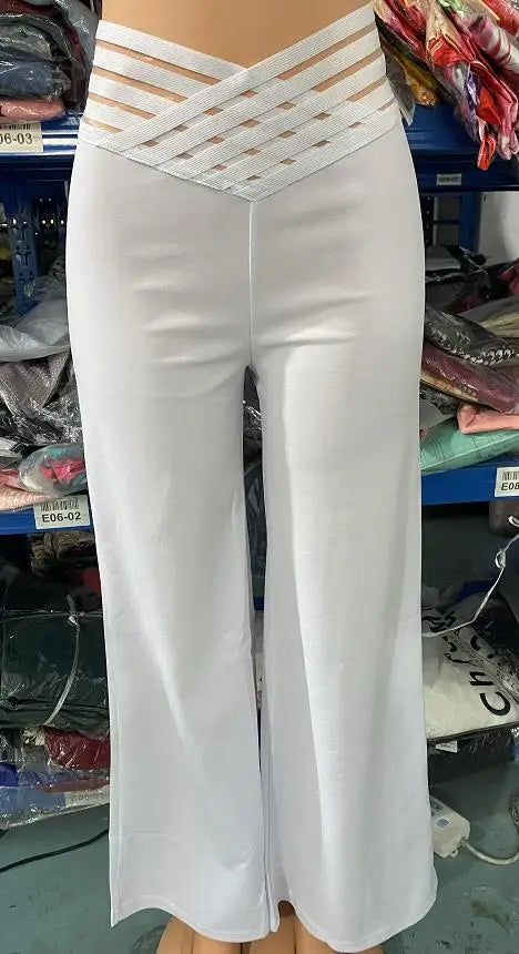Fashion Office Ladies Trousers Elegant Crisscross Sheer Mesh Patch Casual High Waist Flared Pants for Women Clothes 2023 Summer