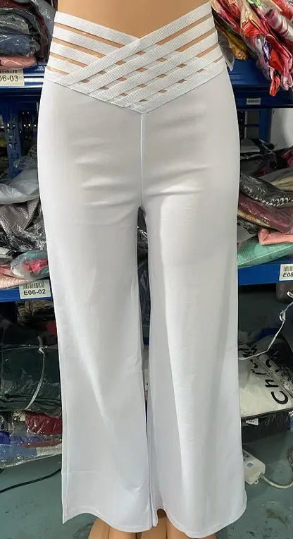 Fashion Office Ladies Trousers Elegant Crisscross Sheer Mesh Patch Casual High Waist Flared Pants for Women Clothes 2023 Summer