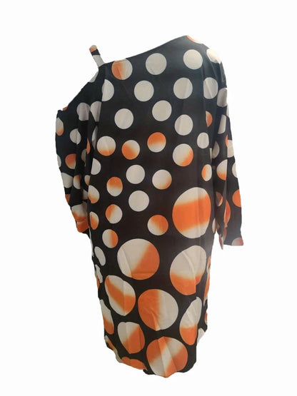 Plus Size 1XL-5XL Women's Casual Round Neck Loose Long Skirt with Polka Dot Print Bat Sleeves Irregular Hem Dress