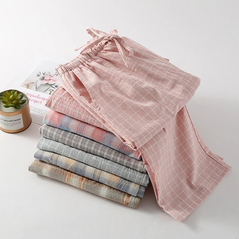 Plus Size Japanese Minimalist Checked Women Pajamas Trousers Women Soft Home Pants Loose Casual Pants Elastic Waist Home Pants
