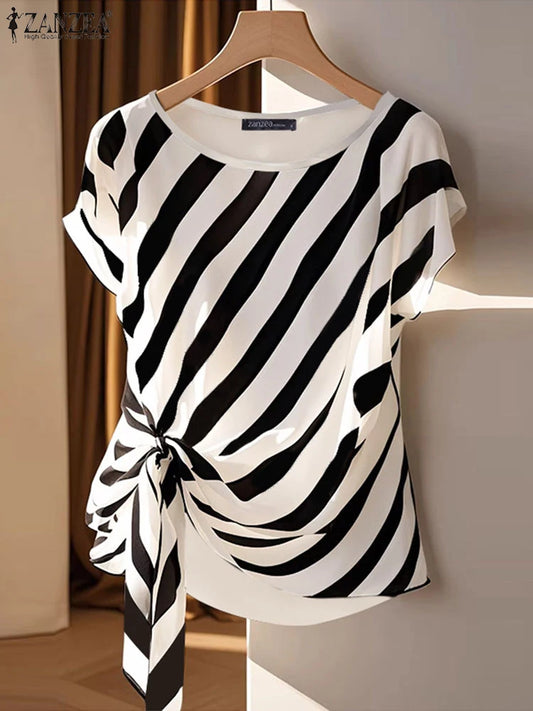 ZANZEA 2025 Korean Striped Printed Tops Fashion Short Sleeve Blouse Holiday Summer HolidayLoose Belted Tunic Casual Simple Tops