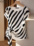 ZANZEA 2025, Tops estampados a rayas coreanas, blusa de manga corta a la moda, vacaciones de verano, túnica holgada con cinturón, Tops simples informales