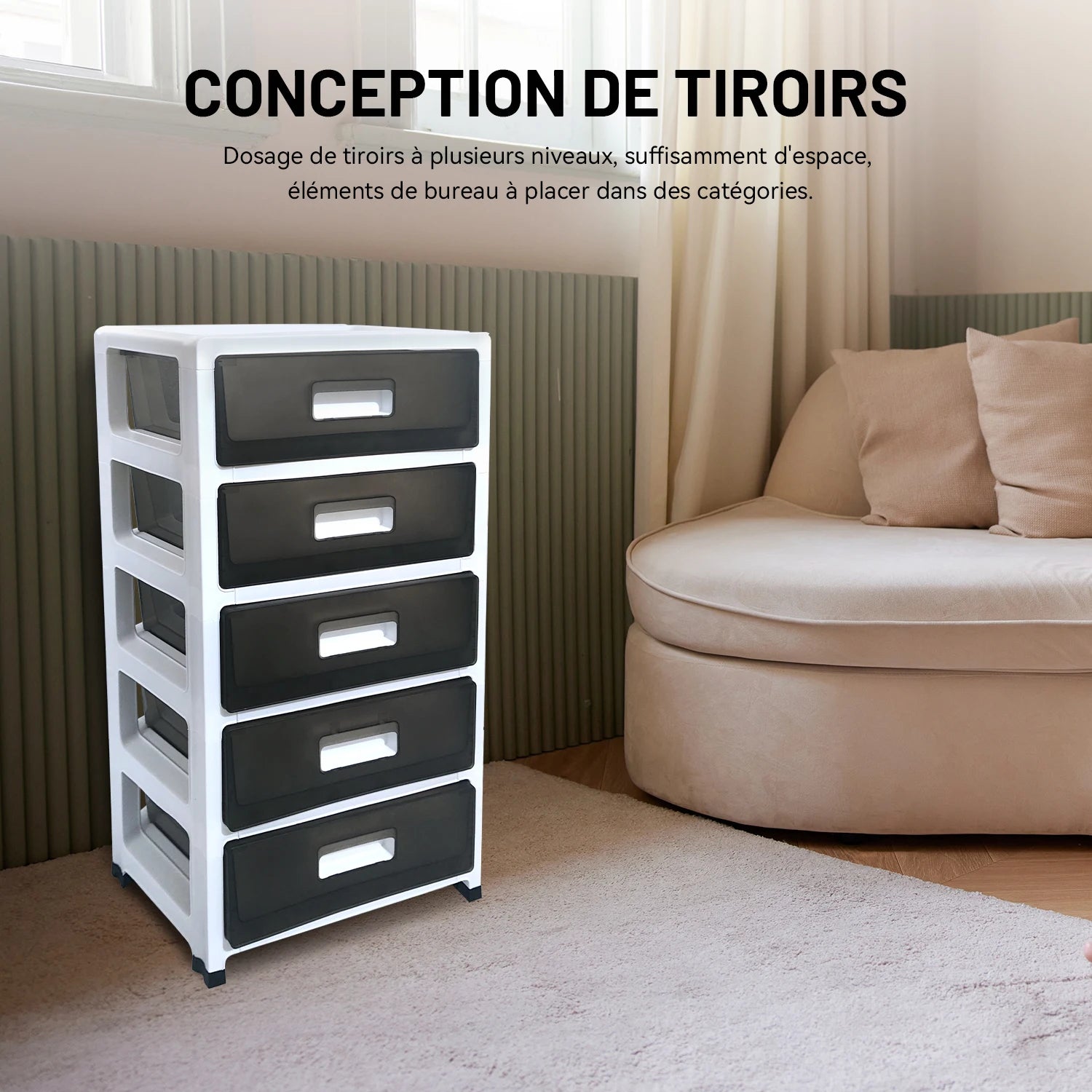 Plastic Storage Tower, Black, 5 Large Drawers with Casters