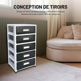 Plastic Storage Tower, Black, 5 Large Drawers with Casters