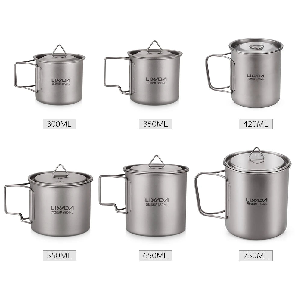 Taza de agua ultraligera de titanio Lixada con asa plegable, portátil para exteriores, camping, picnic, 300 ml/350 ml/550 ml/650 ml