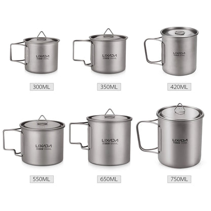 Taza de agua ultraligera de titanio Lixada con asa plegable, portátil para exteriores, camping, picnic, 300 ml/350 ml/550 ml/650 ml