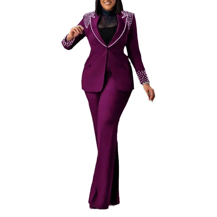 CM.YAYA Conjunto de dos piezas de chaqueta de manga larga y pantalón ancho para mujer, con empalme de perlas, para invierno y otoño de 2024