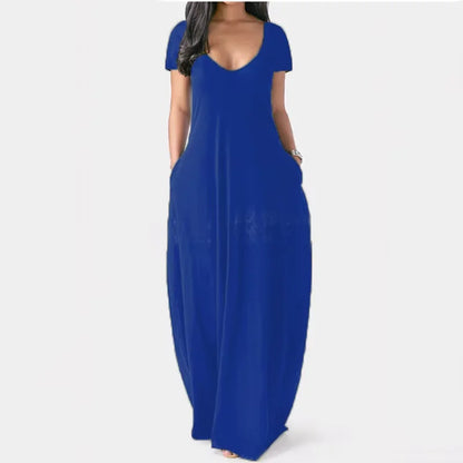 AliExpress Europa e nos Estados Unidos verão transfronteiriço novo plus size vestido de cor sólida sexy profundo V manga curta saia longa