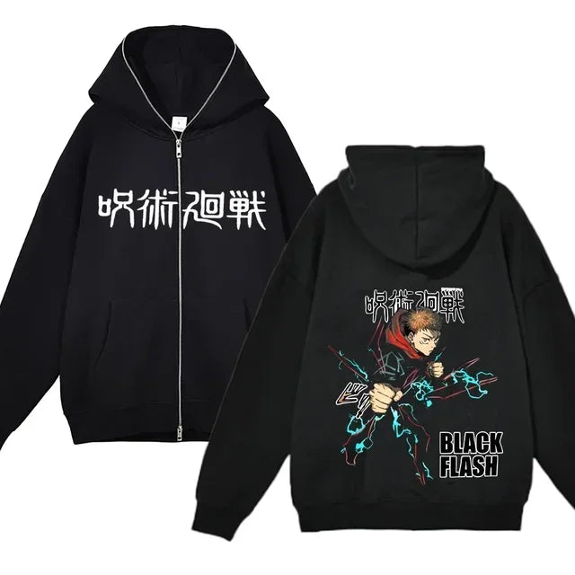 Chaquetas con cremallera de Anime Gojo Satoru, sudadera con capucha de forro polar fino, sudaderas con cremallera Y2K, Jujutsu Kaisen 