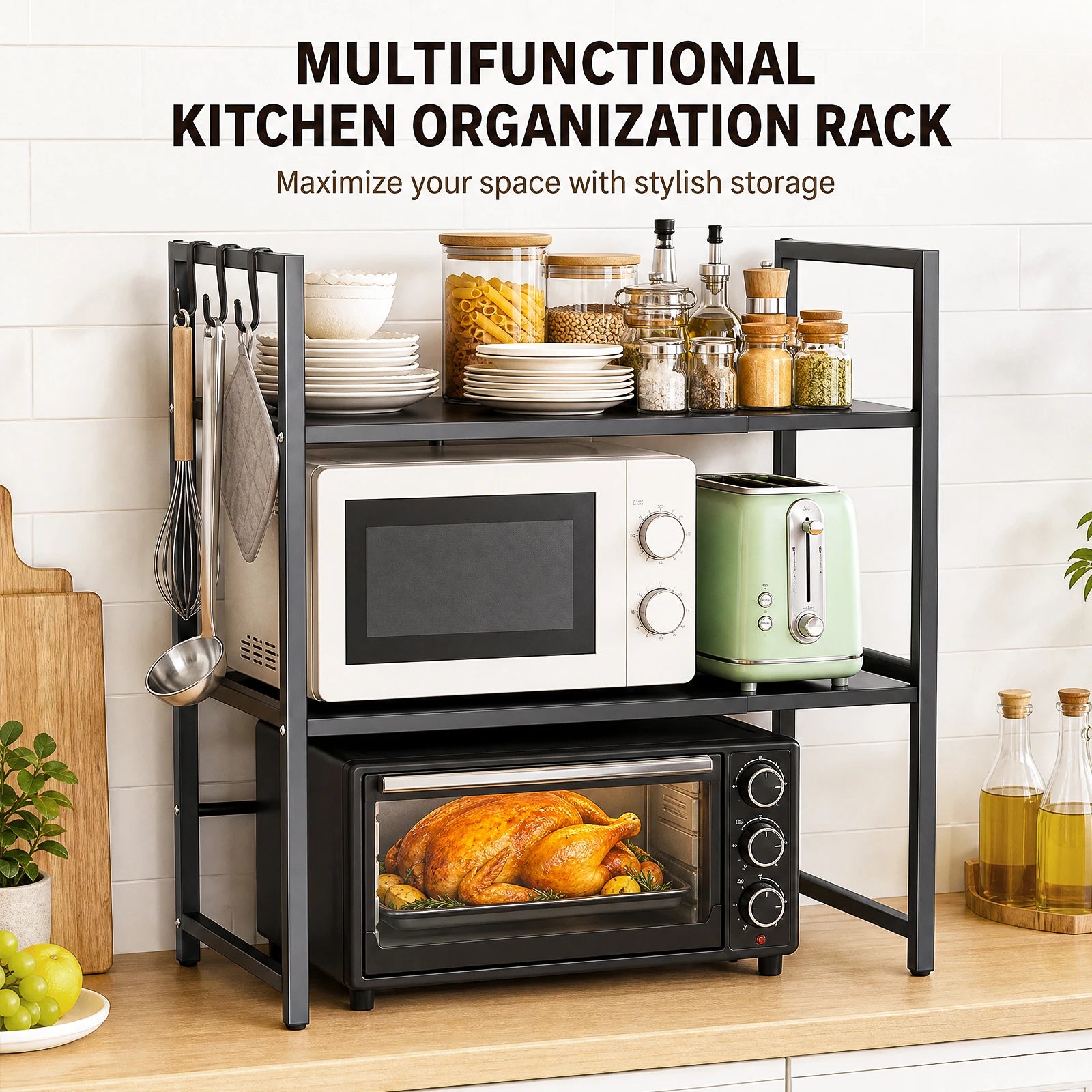 3-Tier Microwave Oven Rack Shelf Kitchen Countertop Oven Rack Expandable Seasoning Storage Rack Stand Storage Tableware Racks