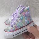 Zapatos de lona con imitación de concha de Dollbling, zapatos hechos a mano con brillo, temática de sirena, zapatillas altas con perlas para niños, bajo el mar 