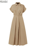 Women Summer OL Work Dress ZANZEA Elegant Short Sleeve Office Sundress Casual Solid A Line Buttons Holiday Vestidos Kaftan Robe