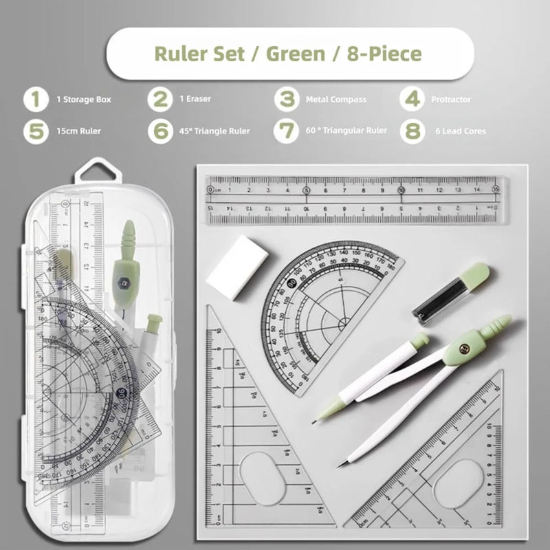 8PCS/Set Plastic Ruler Compasses Set Transparent Straight Ruler Measuring Ruler Set Square Eraser Protractor School Office