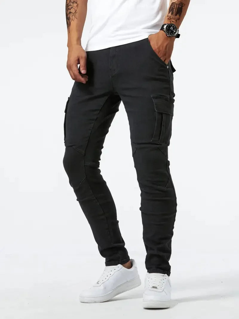 Street men's denim work pants washed solid color multi pocket casual mid waist pants slim fit daily wear jogging pants