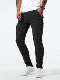 Street men's denim work pants washed solid color multi pocket casual mid waist pants slim fit daily wear jogging pants