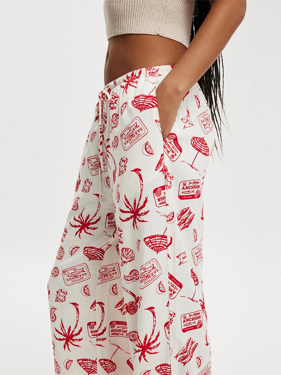 Women's Casual Wide Leg Pants Fashion Stripe/Coconut Tree Print Drawstring Waist Side Pockets Casual Loose Trousers Streetwear
