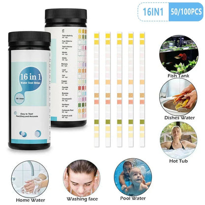 Kit de prueba de agua potable 16 en 1: tiras reactivas para la calidad del agua en el hogar, piscinas, spas, nitratos, nitrito, pH y dureza.