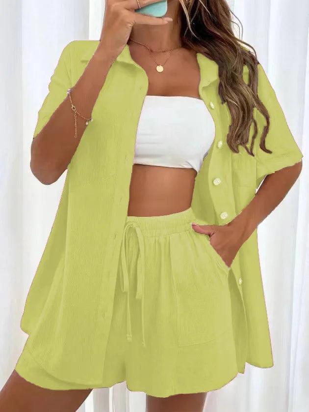 2 Pieces Women Sets Summer Solid Color Short Sleeve Open Stitch Button Blouse+Shorts Casual Women's Set Clothing