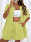 2 Pieces Women Sets Summer Solid Color Short Sleeve Open Stitch Button Blouse+Shorts Casual Women's Set Clothing