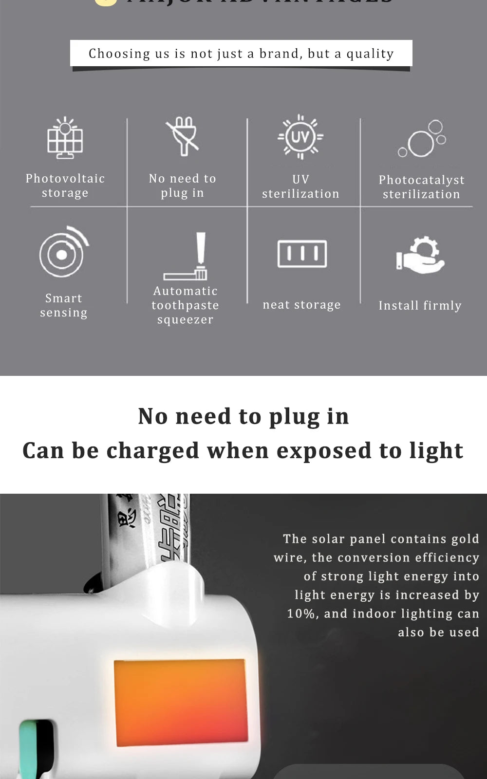 Toothbrush Holder Toothpaste Dispenser Solar Energy Bathroom Toothbrush Storage Box Multi-function Storage Holder USB Charge