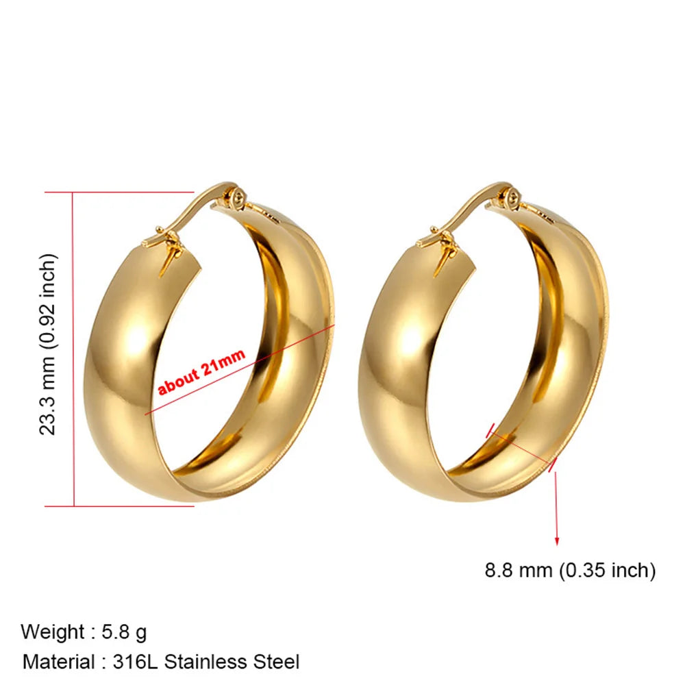 Stainless Steel Earrings for Women, Simple Plain Round Earrings, Gold Color, Wide Fashion Jewelry, Party Gift, 21mm, 31mm, 39mm Width