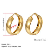 Stainless Steel Earrings for Women, Simple Plain Round Earrings, Gold Color, Wide Fashion Jewelry, Party Gift, 21mm, 31mm, 39mm Width