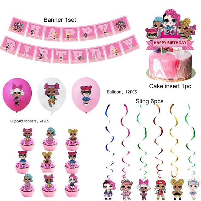 LO&amp;Ling-Cartoon Theme Party Decoration, Disposable Tableware, Hanging Banner, Whistle Mask, Baby Shower, Photo Prop, Girl Birthday 