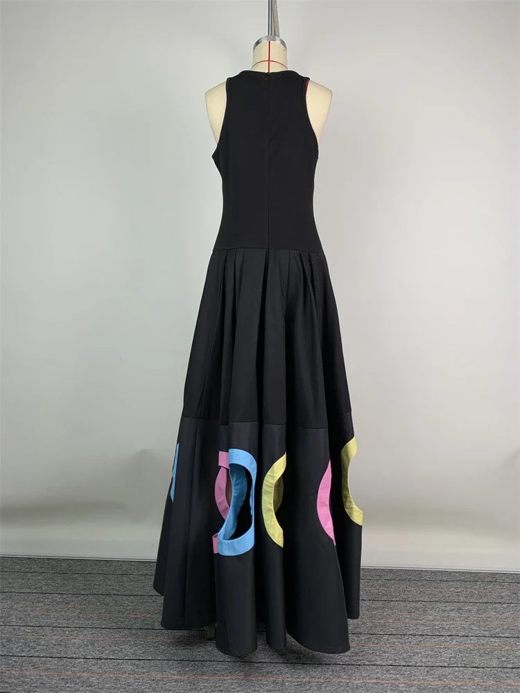 Women Circle Hollow Out Pleated A-Line Tank Dress Summer Casual High Street Elegant Fashion Round Neck Sleeveless Summer Dress