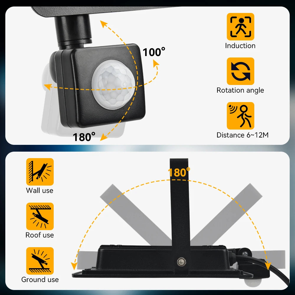 Holofote led com sensor de movimento pir, luz de parede externa, luz branca, 100w 50w 30w 20w 10w ip66, à prova d'água, holofote led para jardim