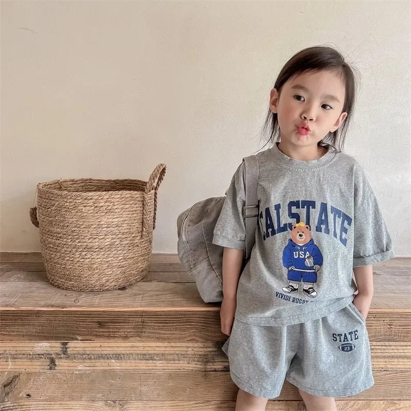 2pcs Summer Baby Clothes Set Children Boy Girl Cartoon Bear T-shirts and Shorts Suit Kid Casual Top Bottom Outfits Tracksuits
