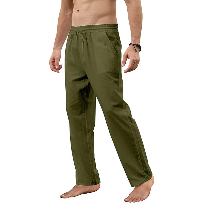 Men's Cotton Linen Pants Loose Breathable Casual Solid Color Long Pants Large Size Streetwear Fitness Lightweight Yoga Trousers