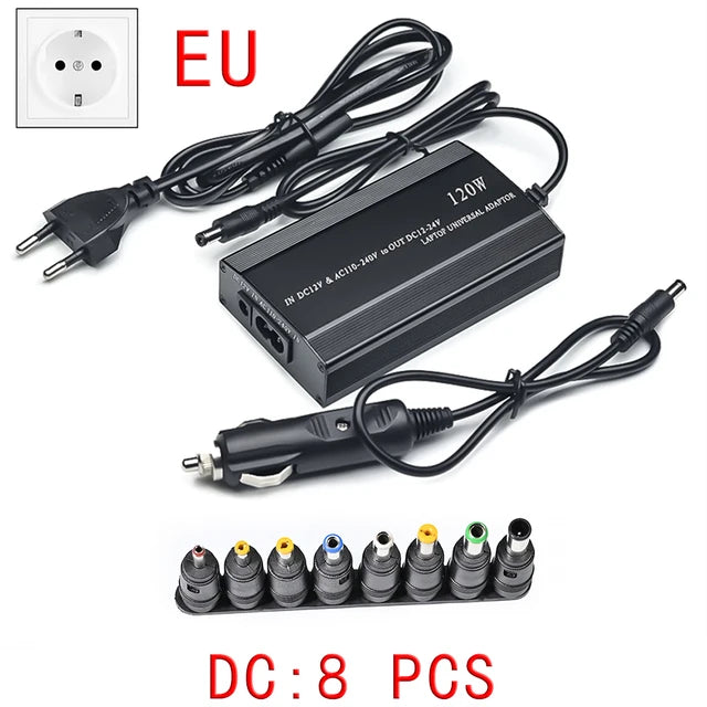 Cargador universal para coche, adaptador de corriente CA/CC, USB, para portátil, ajustable, 120 W, 220 V, 110 V a 12 V, 15 V, 16 V, 18 V, 19 V, 20 V, 22 V y 24 V 