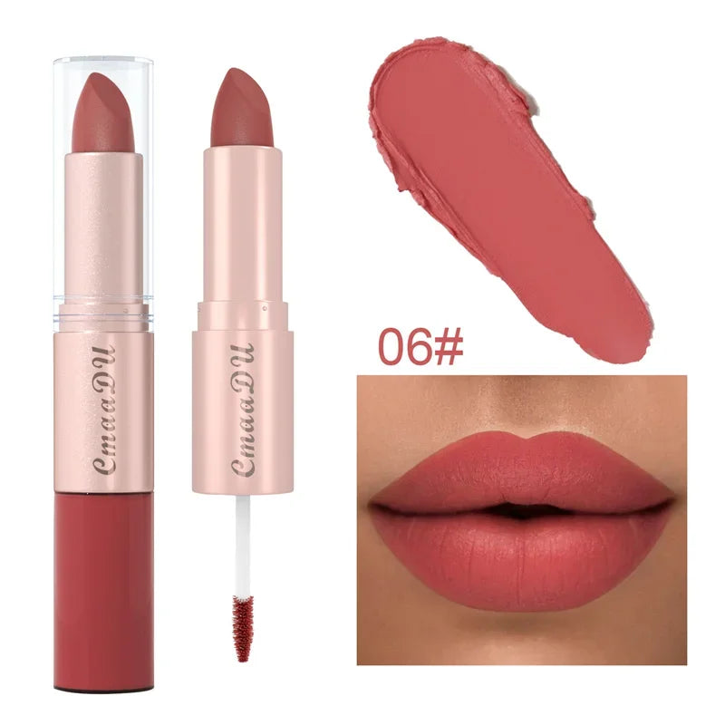 Caneta de revestimento labial dupla, pigmento fosco, copo antiaderente, cor da pele, 24H duradoura, maquiagem à prova d'água, cosméticos de beleza, 2 em 1
