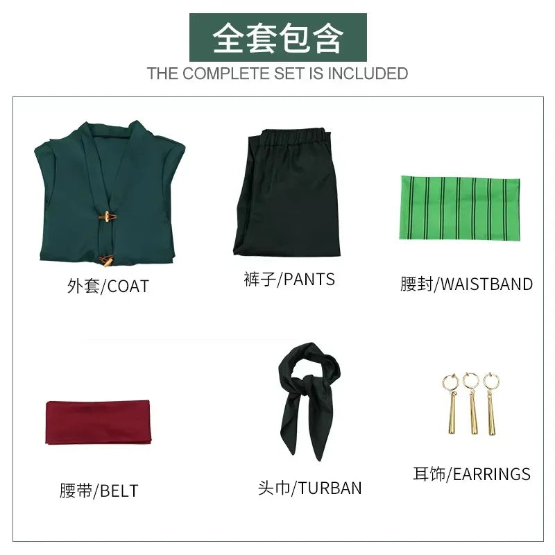 Anime Roronoa Zoro Cosplay Costume Uniform Green Coat Pants Head Scarf Roronoa Zoro Wig Earrings Halloween Carnival Men Clothes