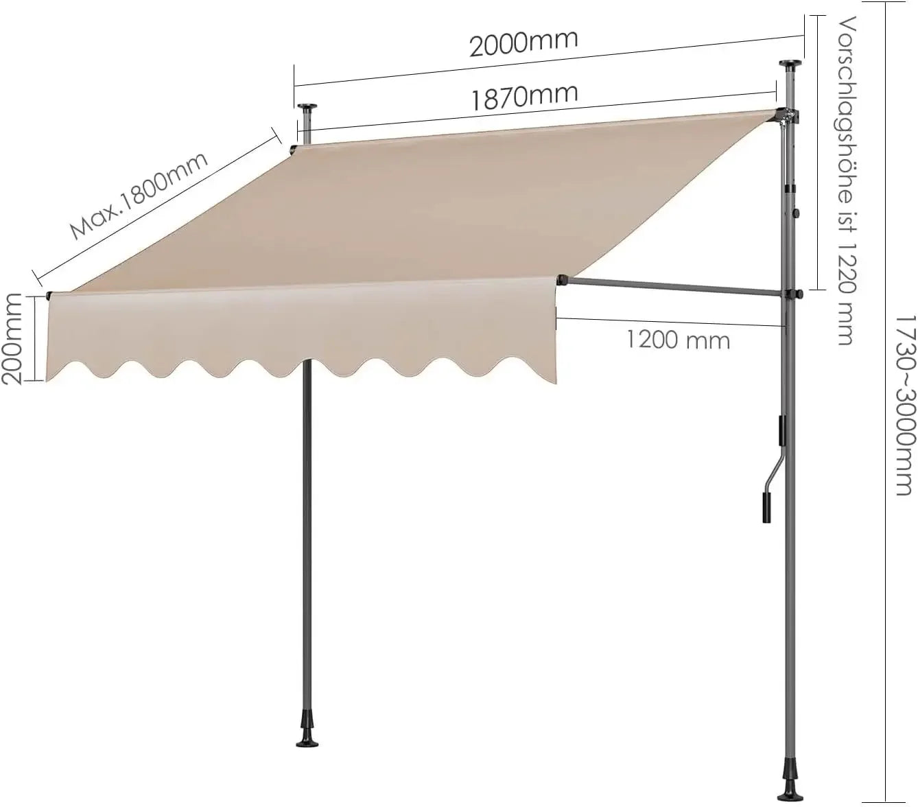 Awning Balcony Patio Retractable Awning UV50+ Sun Shade Awning Clamp Garden Sun Protection with Hand Crank Without Drilling