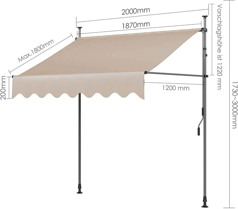 Awning Balcony Patio Retractable Awning UV50+ Sun Shade Awning Clamp Garden Sun Protection with Hand Crank Without Drilling