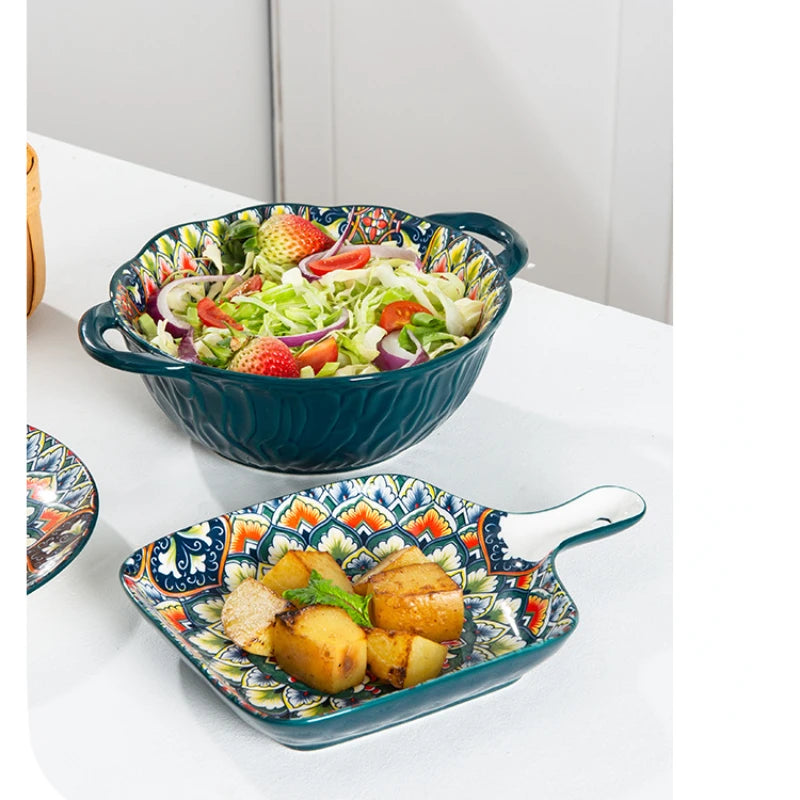 1Pcs Bohemia Retro Ceramic Dinner Plates Sets Food Plate Household Tableware Set Breakfast Plates Salad Soup Bowls Dinnerware