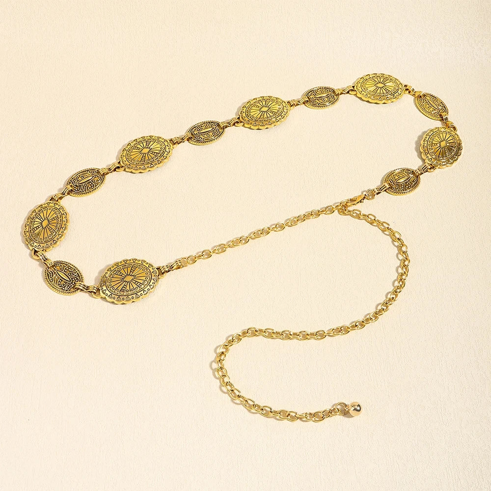 1/2pcs Retro Style WOMEN'S Metal Waist Chain Accessories Decorative Circle Carved Chain Belt High Style Accessories