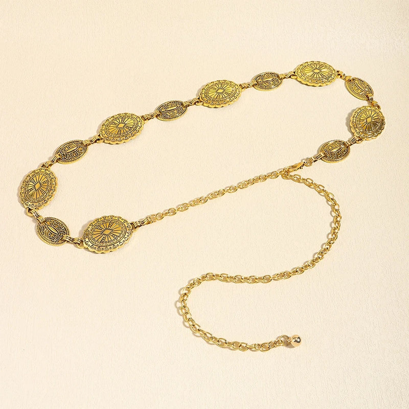 1/2pcs Retro Style WOMEN'S Metal Waist Chain Accessories Decorative Circle Carved Chain Belt High Style Accessories