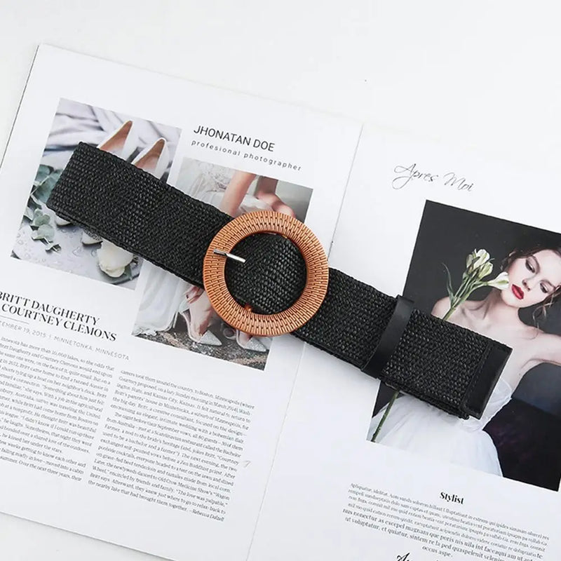 Summer Fashion Women Straw Belt Casual Bohemian Wide Summer Braided Waistbelt  Buckle Elastic Female Straw Waist Belt