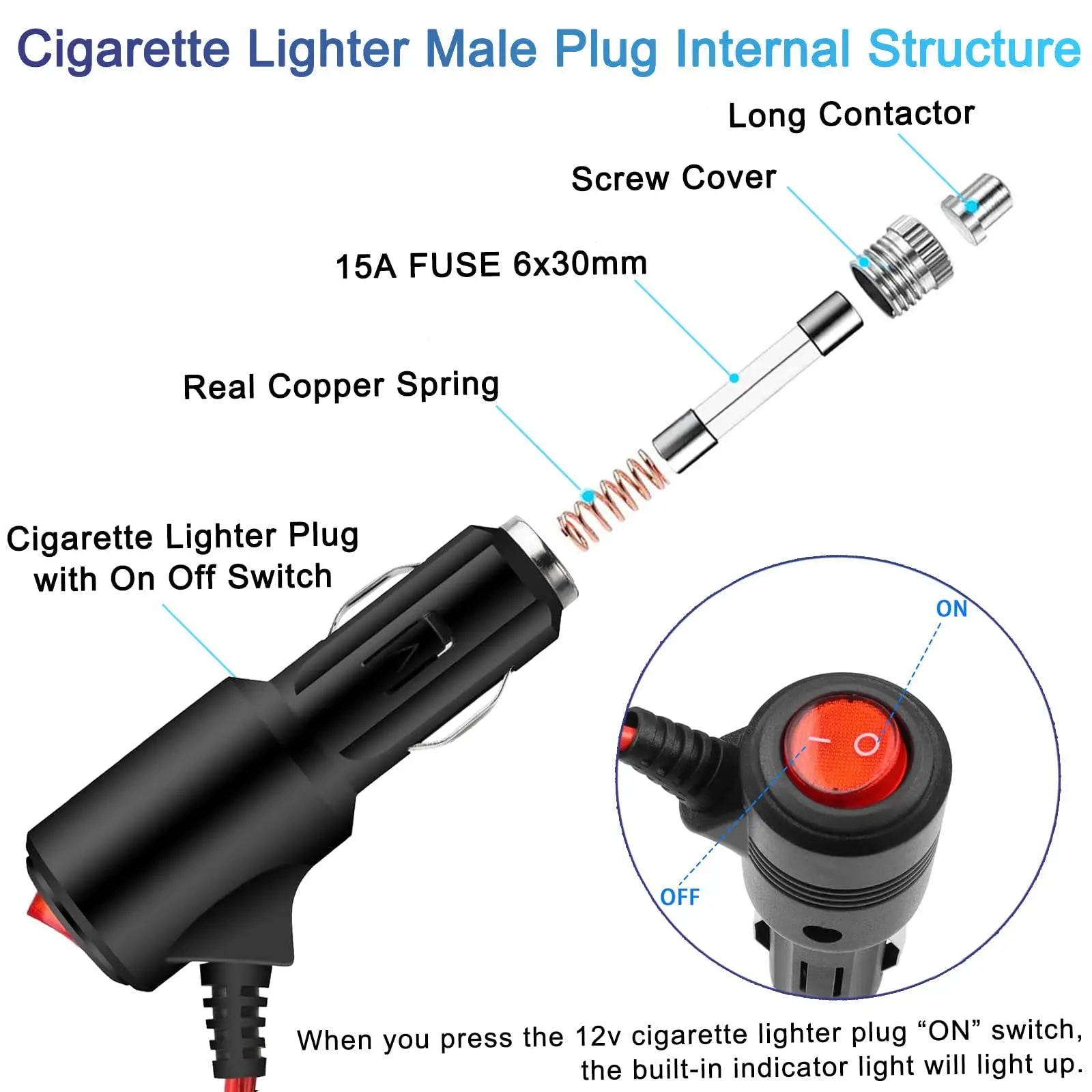 2FT/6FT/12FT 12V Car Cigar Lighter Socket Plug Connector Extension Cord Power Adapter On Off Switch Universal Charger Adapter