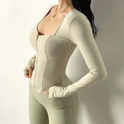 Sexy Slim Fit Long Sleeve Sports Jacket With Chest Pad Women's Yoga Running Fitness Top For Autumn Nike Airbag Training Shoes