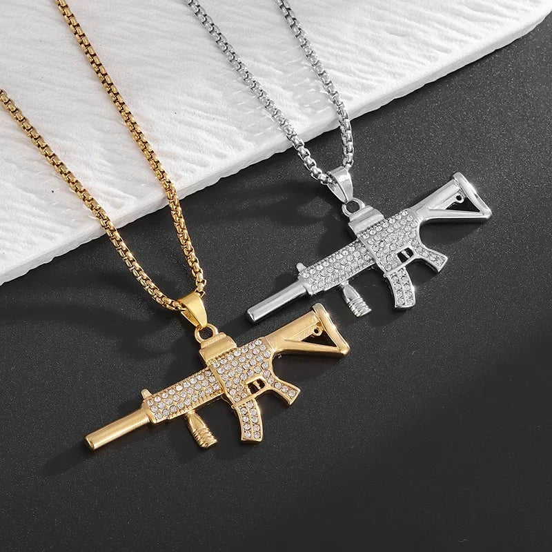 Collar con colgante de circón con incrustaciones de rifle de asalto punk M416 para hombre, estilo hip hop rock, joyería moderna, regalo para niño 