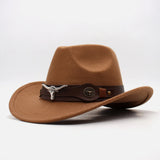 Classic Cattleman Cowboy Hat Retro Bull Head Studded Leather Band Felt Hat Unisex Western Party Cosplay Hat Wide Brim Fedora