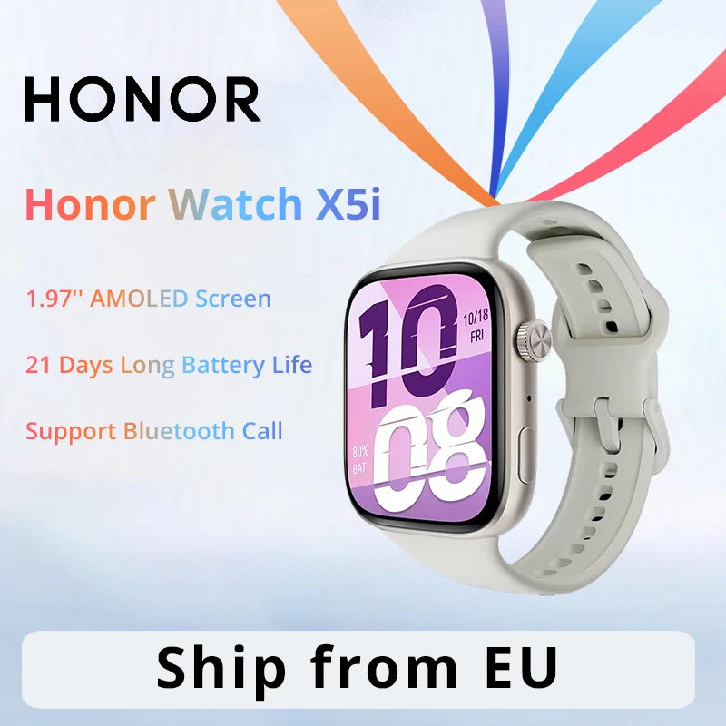 Novo Smartwatch HONOR Watch X5i – Tela AMOLED de 1,97", bateria com 21 dias de duração, chamadas via Bluetooth e monitoramento de frequência cardíaca e oxigênio no sangue.