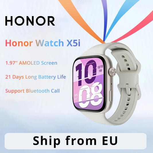 Novo Smartwatch HONOR Watch X5i – Tela AMOLED de 1,97", bateria com 21 dias de duração, chamadas via Bluetooth e monitoramento de frequência cardíaca e oxigênio no sangue.