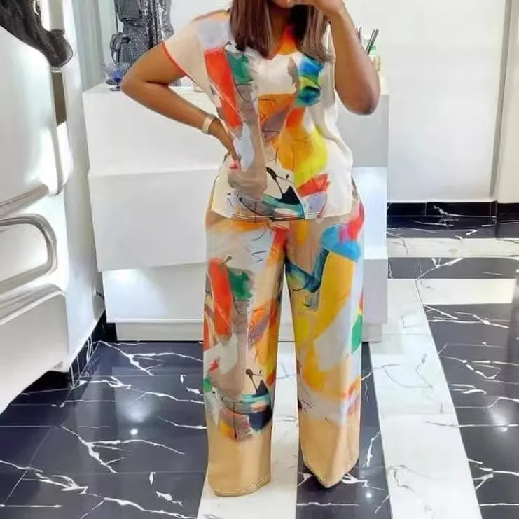 2 Piece Women Sets 2024 New Arrival Plus Size Summer Matching Sets Print Two Pieces Sets Top Pants Suits Outfits Clothing