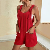 Women's Casual Summer Short Rompers Loose Overall Solid Sleeveless Lace up Wide Leg Pant Tie Knot Strap Jumpsuits with Pockets