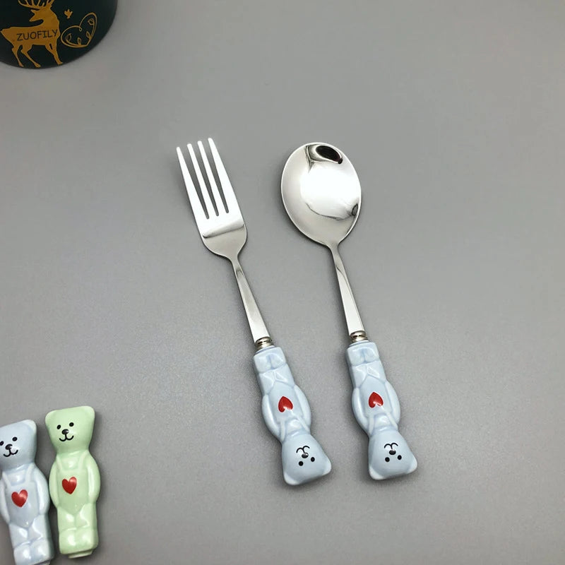 New Cute Bear Spoon Fork Ceramic Dessert Milk Fruit Salad Spoons Cartoon Flatware Kid Cutlery Tableware School Picnic Dinnerware